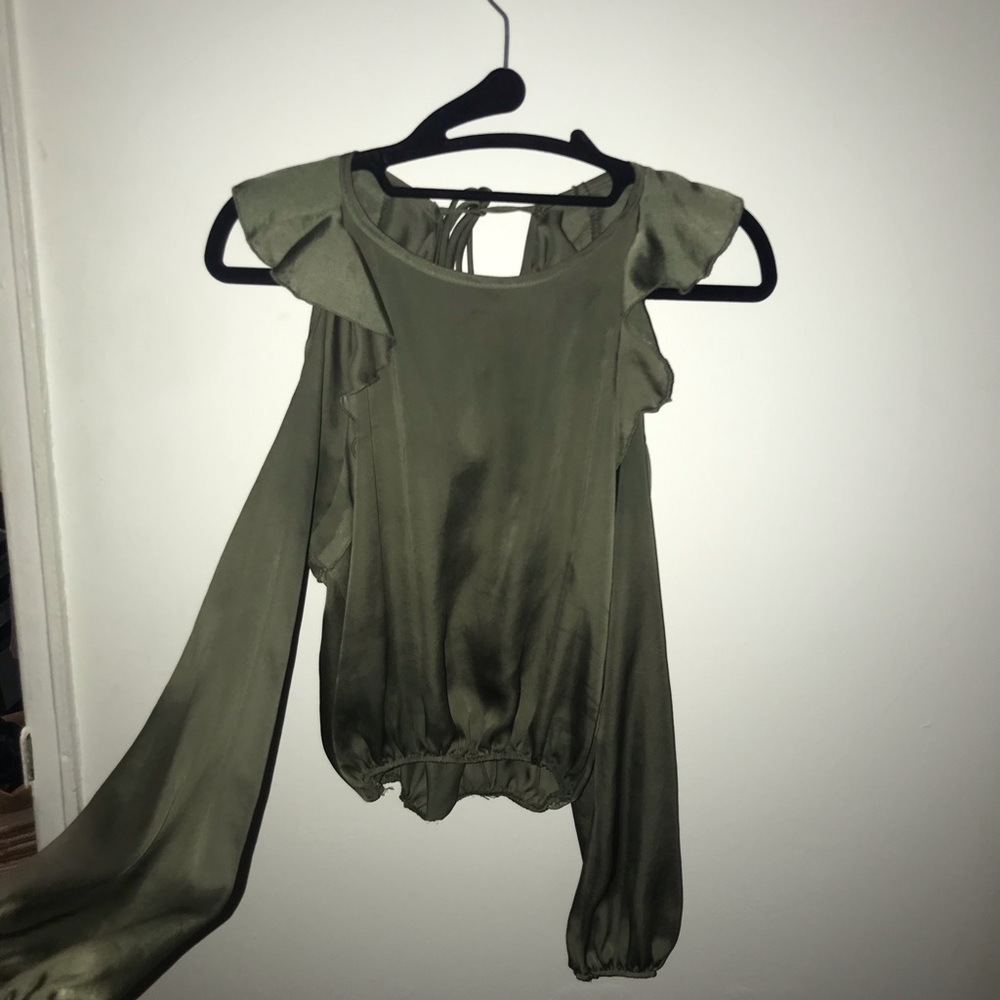 Sage green open shoulder crop blouse